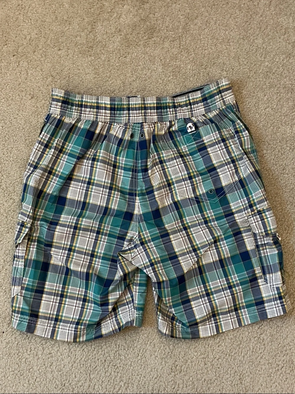 Lands' End Men's Plaid Swim Board Shorts in Teal, Navy & White - Size M 32-34